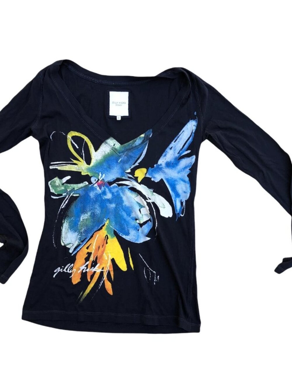 GILLY HICKS Sydney Floral Shirt Women's SMALL Long Sleeve Black Pullover Graphic